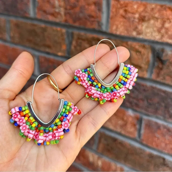 Anthropologie Multi Colored Beaded Hoop Earrings - Picture 7 of 11